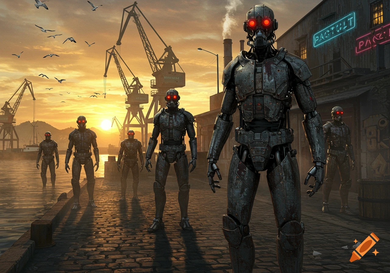 Imposing armored robots with red glowing eyes stand on a cobbled dock in an industrial harbor at sunset.
