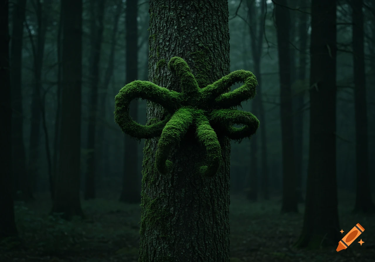 A close-up of a thick tree trunk covered in an eight-tentacled moss creature in a dark, eerie forest.