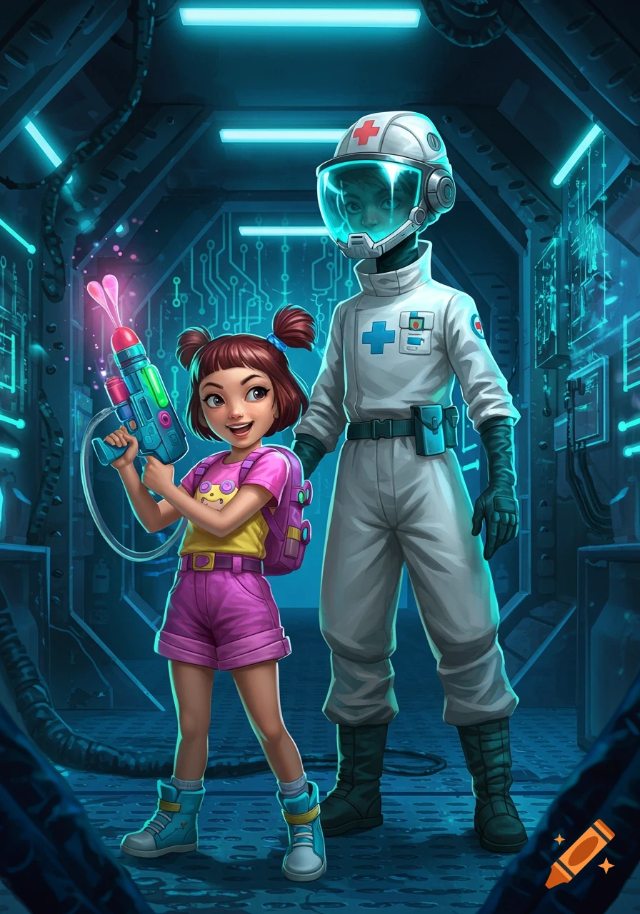 A young girl with a glowing dart gun stands beside a futuristic medic in a white suit and helmet, inside a neon-lit sci-fi corridor.