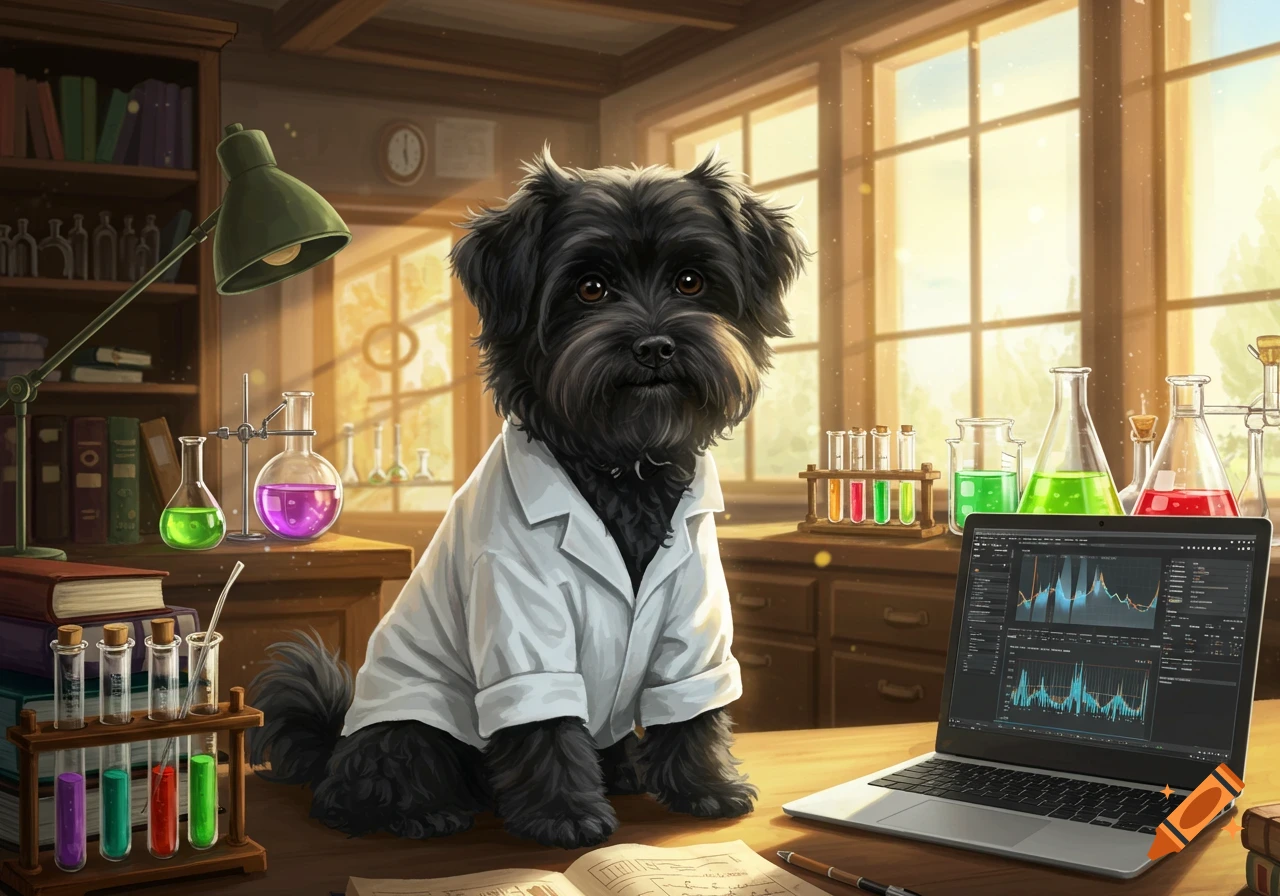 A fluffy black dog in a lab coat sits at a desk with colorful beakers and a laptop in a bright science lab.