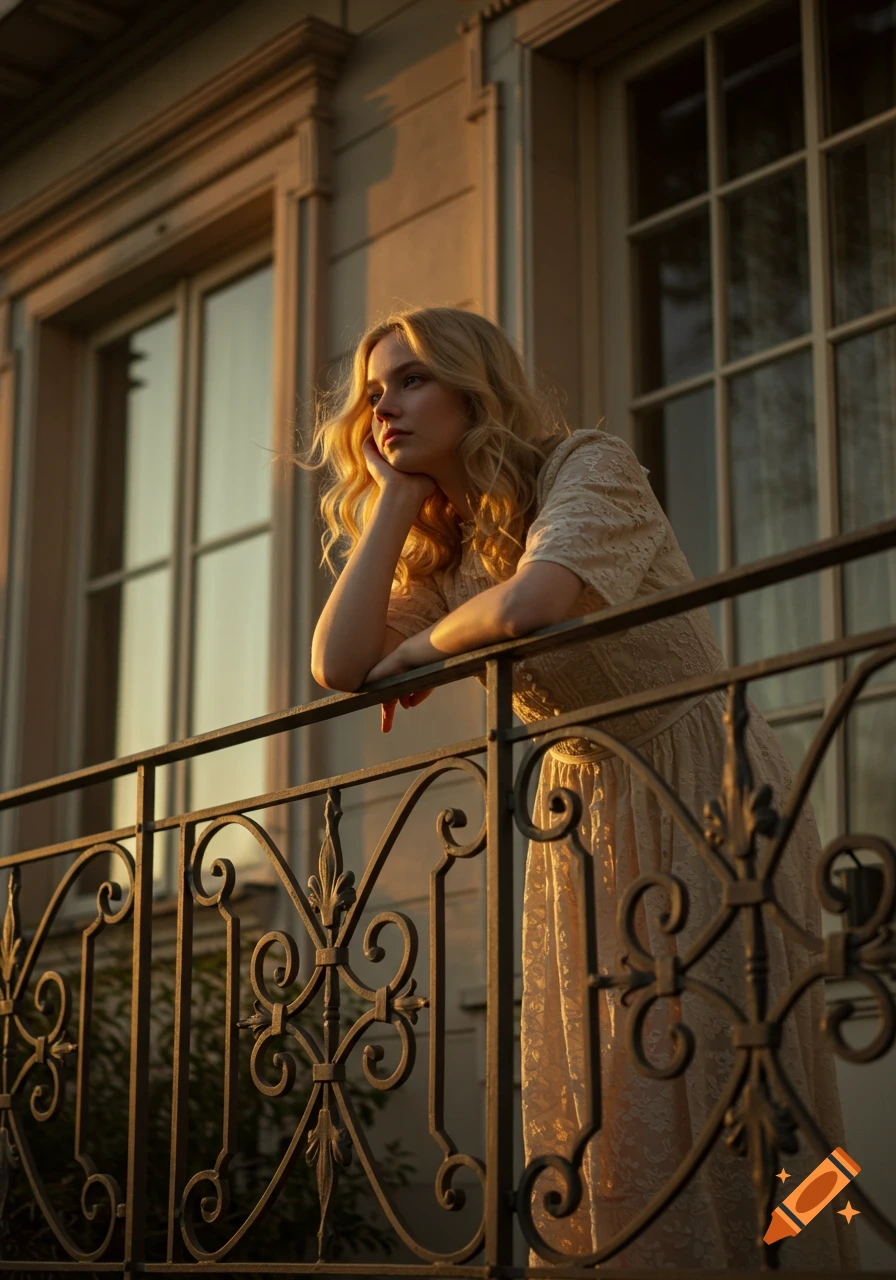 A young blonde woman in a lace dress leans on an ornate iron balcony railing, looking thoughtful, bathed in warm golden hour light.