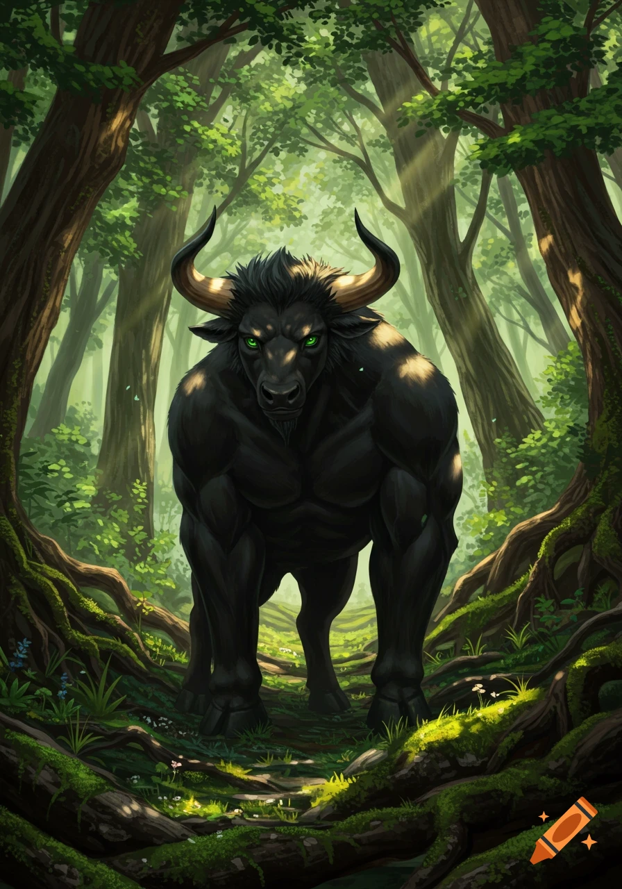 Muscular black minotaur with bright green eyes and golden horns stands in a sun-dappled, mossy forest, digital painting style.