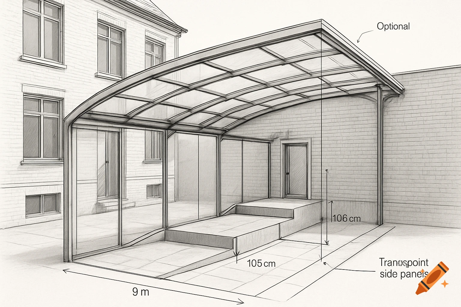 A detailed architectural sketch of a covered outdoor walkway with transparent roof and panels, showing dimensions and structural elements.