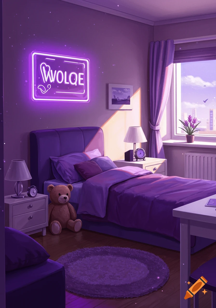 A purple-themed anime-style bedroom with a bed, teddy bear, neon sign, and a city view from the window.