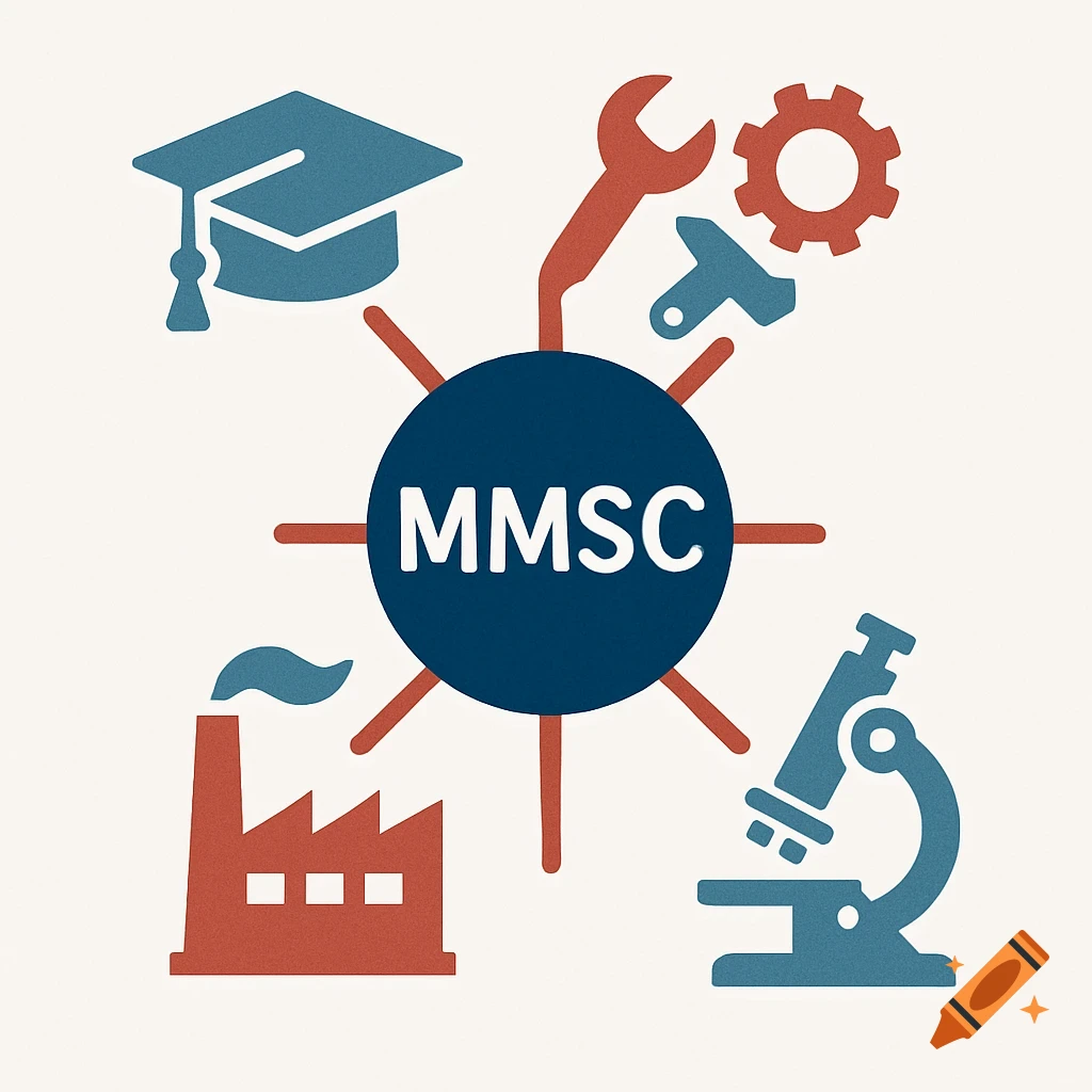 Modern infographic with 'MMSC' in a central blue circle, surrounded by icons: graduation cap, wrench, gear, factory, microscope.