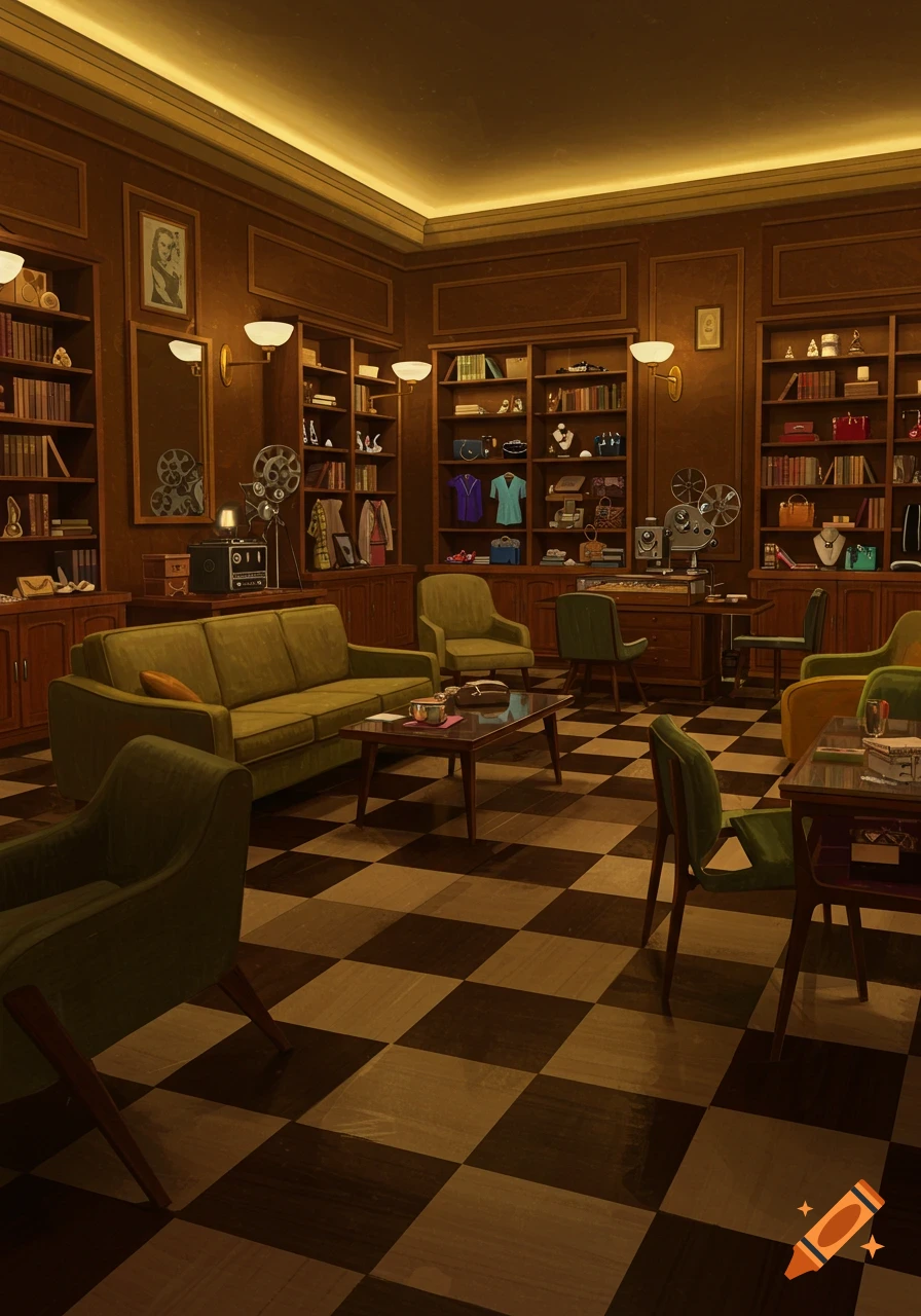 A 60s vintage room with a dark brown and cream checkered floor, featuring shelves filled with fashion accessories, green couches, and a projector.