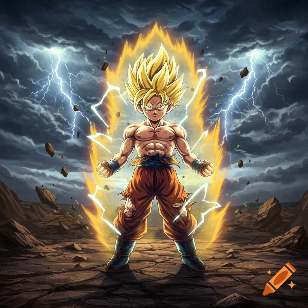 Super Saiyan Kid Gohan glows with golden energy and lightning in a stormy, rocky landscape.
