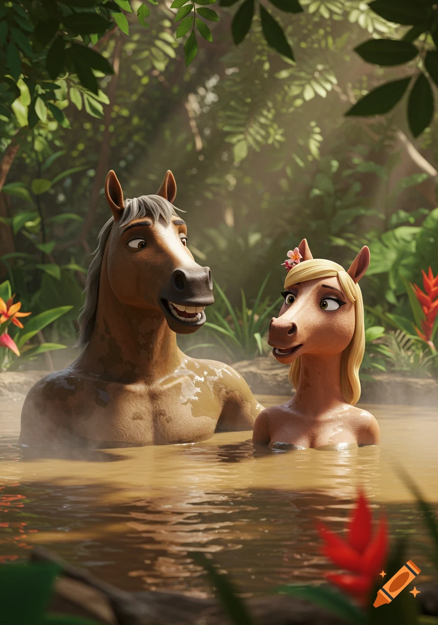 A 3D animated anthropomorphic horse couple happily relaxes in a muddy hot tub within a lush jungle.