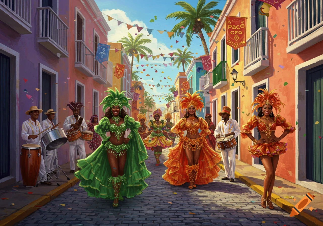 A vibrant illustration of a carnival parade with dancers in colorful costumes and musicians in a street with bright buildings.