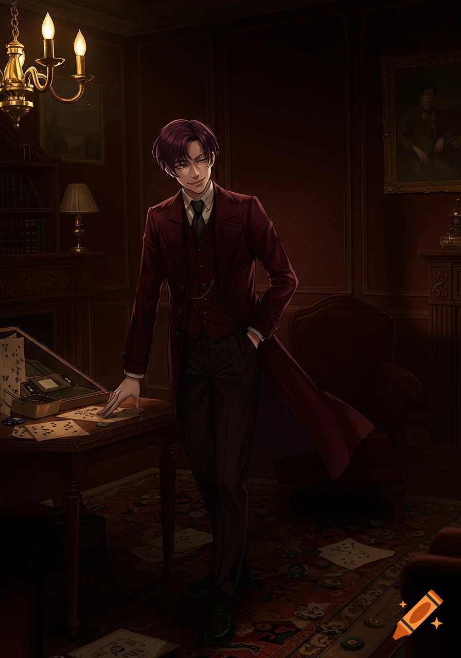 Anime-style male character with purple hair and a sly smile, wearing a maroon suit in a dimly lit, richly furnished study.
