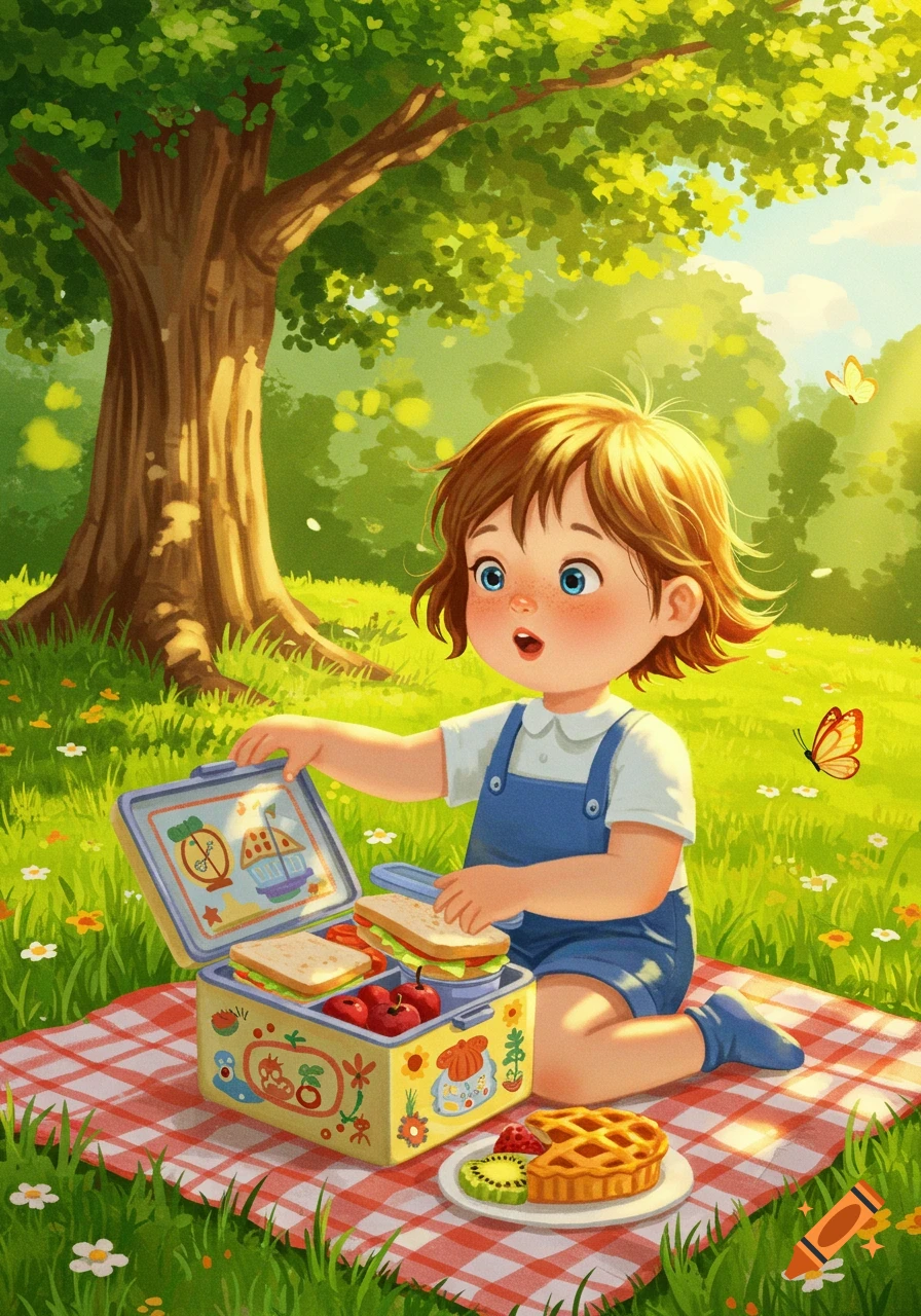 A whimsical illustration of a young child in blue overalls opening a lunchbox filled with food on a picnic blanket under a sunny tree.