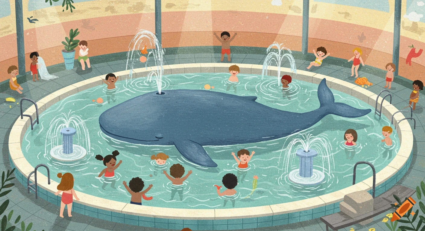 Colorful children's book illustration of diverse kids playing around a large blue whale in a public pool with fountains.