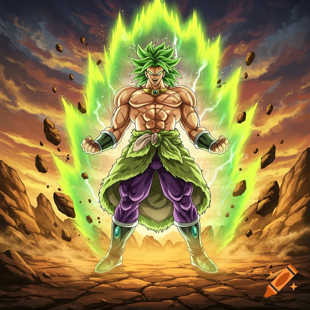 Broly, a muscular anime character with green spiky hair and glowing green aura, powers up in a cracked, rocky landscape.