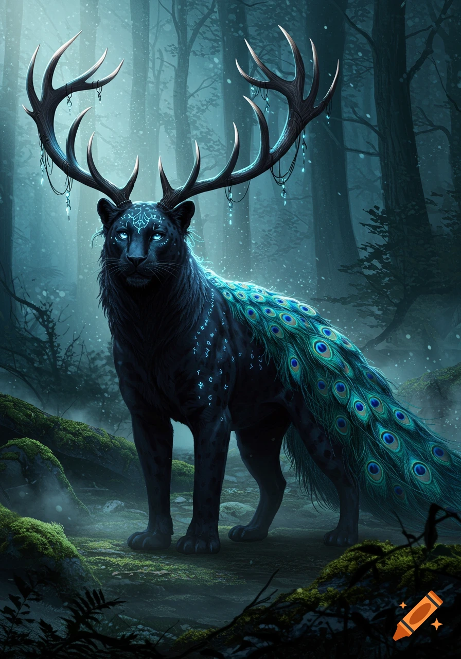 A mystical black panther with large deer antlers and a peacock tail stands in a glowing, foggy forest.