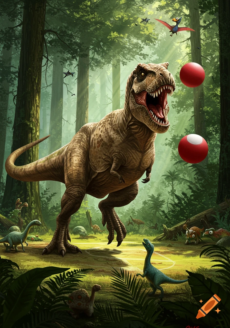 A Tyrannosaurus Rex roaring with two red dodgeballs floating next to it in a lush jungle with smaller dinosaurs.