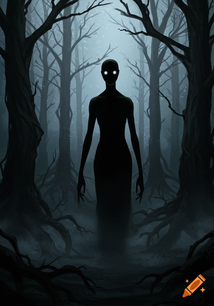 A tall, dark, shadowy humanoid with glowing white eyes stands in a misty, eerie forest with gnarled trees, in a horror art style.