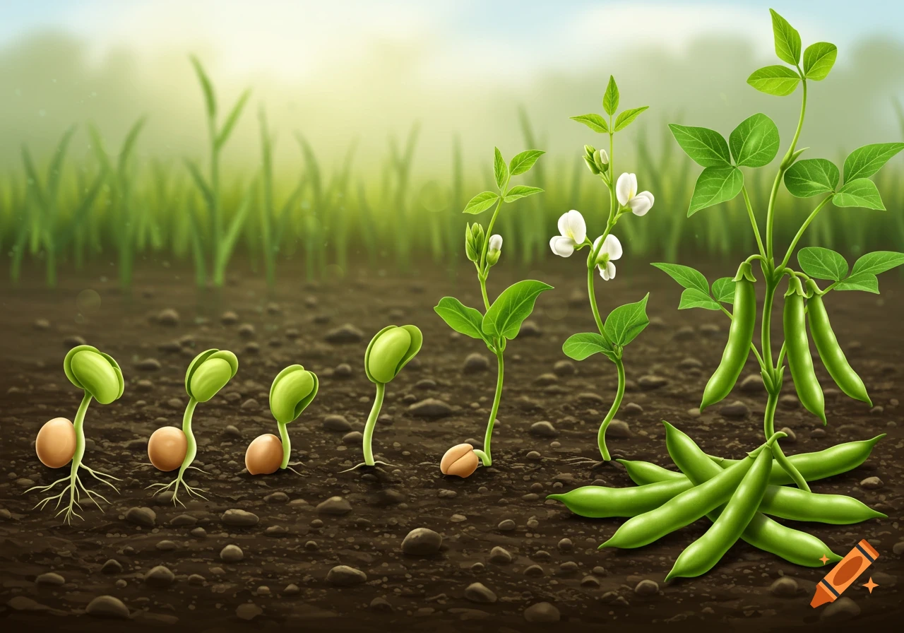 Seven stages of a green bean plant's growth from seed to pods in rich soil, showing roots, leaves, flowers, and mature beans.