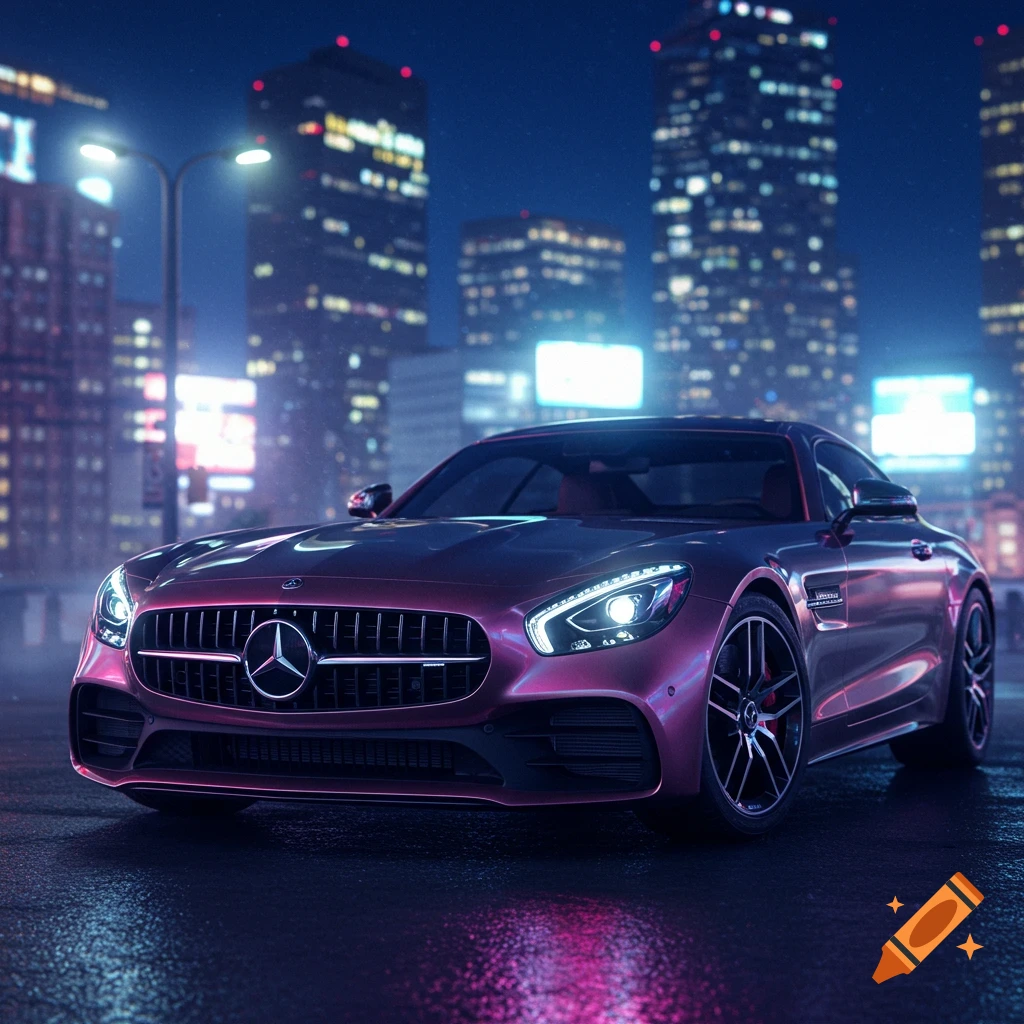 A metallic purple Mercedes-Benz sports car is parked on a wet city street at night, with blurred city lights and skyscrapers in the background. The car's headlights are on, reflecting on the pavement.