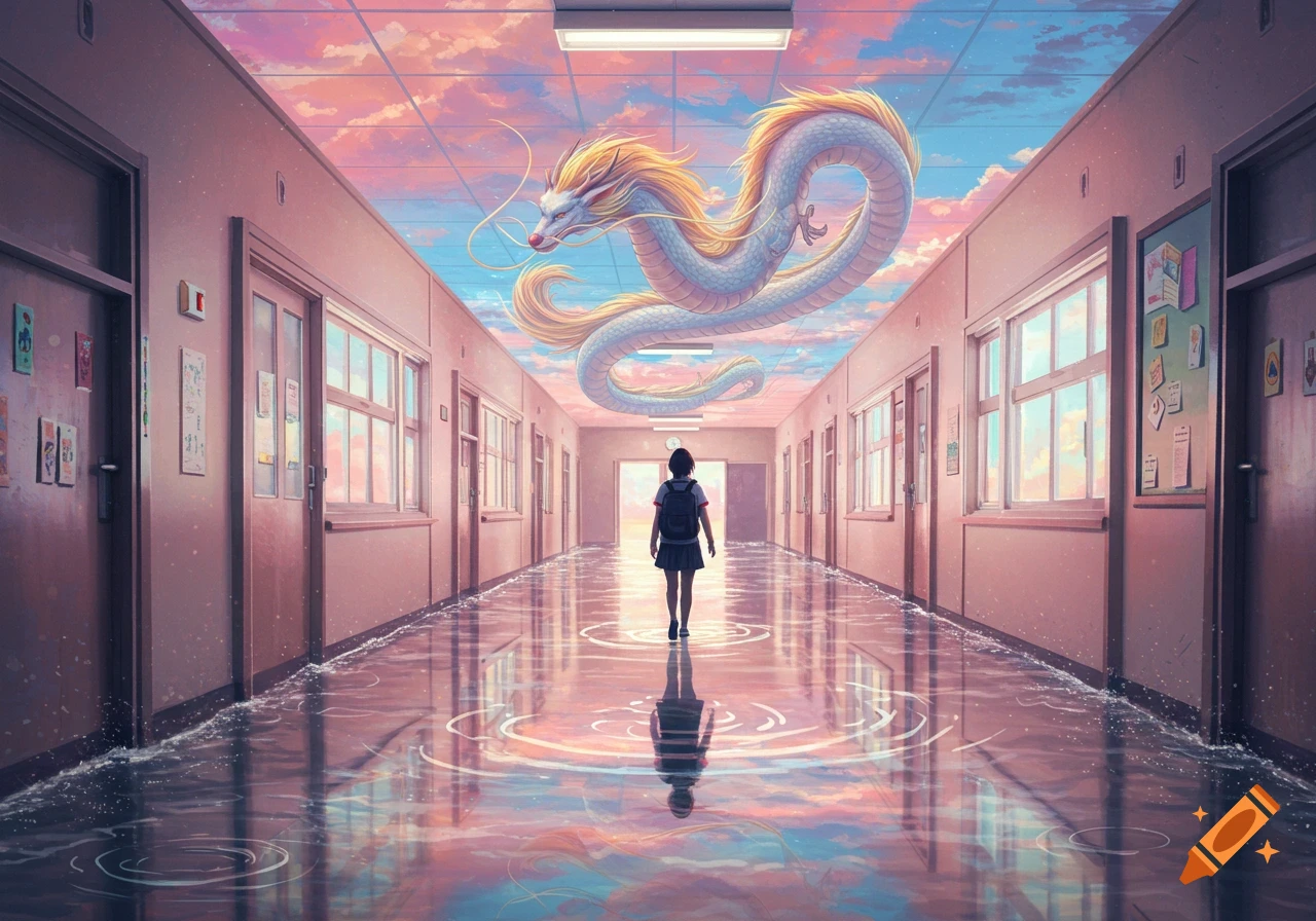A lone student walks down a school hallway where the floor is water reflecting a pink and blue sky, and a white and gold dragon floats above.