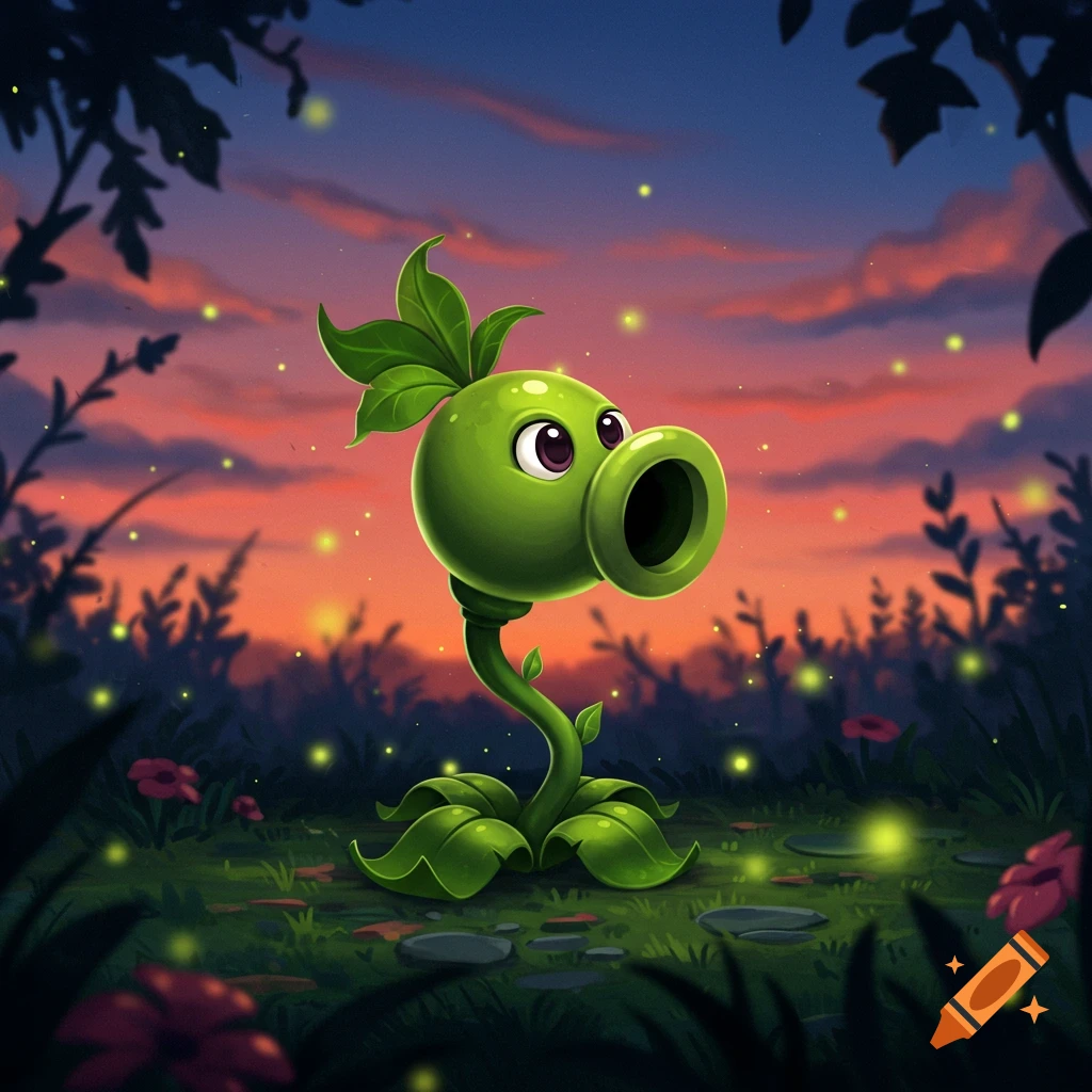 A vibrant cartoon peashooter character stands in a magical forest at dusk, surrounded by glowing fireflies.