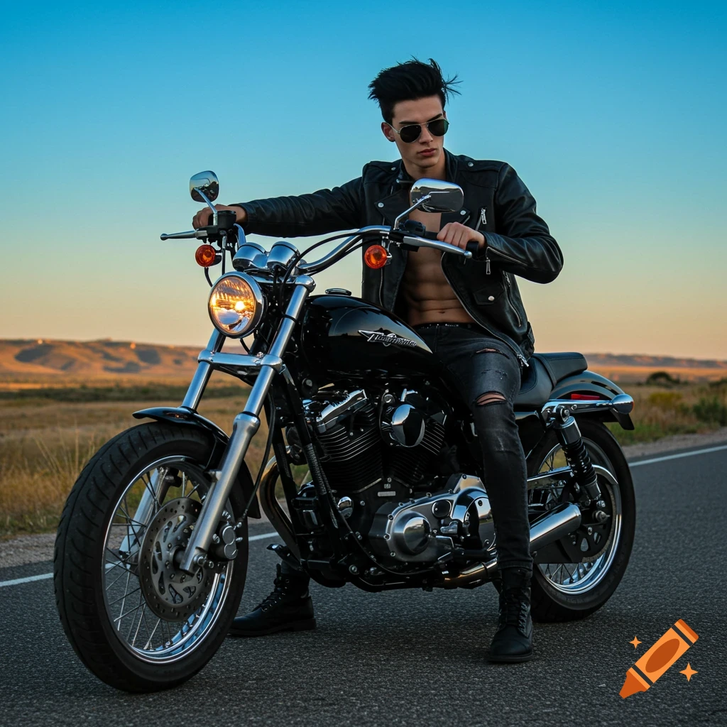 Young man in a black leather jacket and ripped jeans sits on a black motorcycle on a road at sunset.