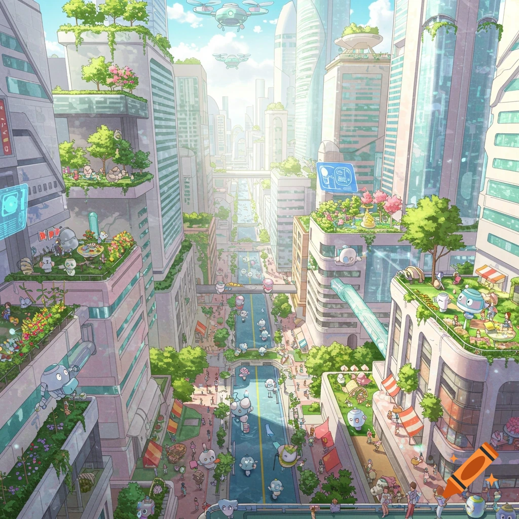 A vibrant, cute anime-style utopian mega city with futuristic buildings, lush greenery, and tiny characters enjoying the scene.