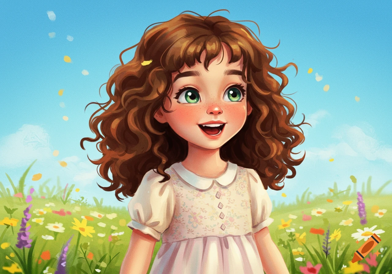 A cheerful cartoon girl with curly brown hair and green eyes smiles in a vibrant field of colorful flowers.