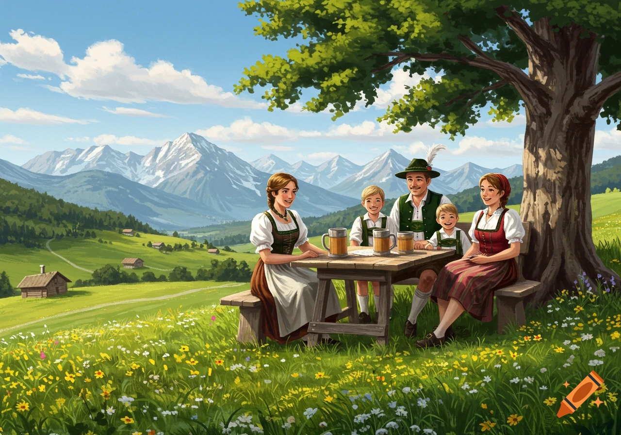 Illustrated family in traditional Austrian attire picnicking in a lush mountain meadow with wildflowers under a tree.
