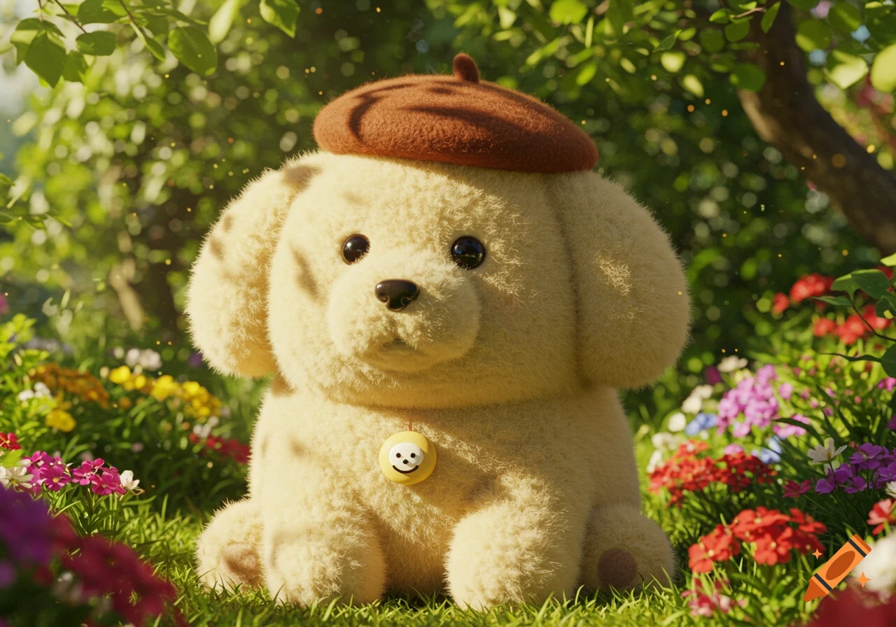 A realistic fluffy yellow Pompompurin plush wearing a brown beret, sitting in a sunny garden with colorful flowers.