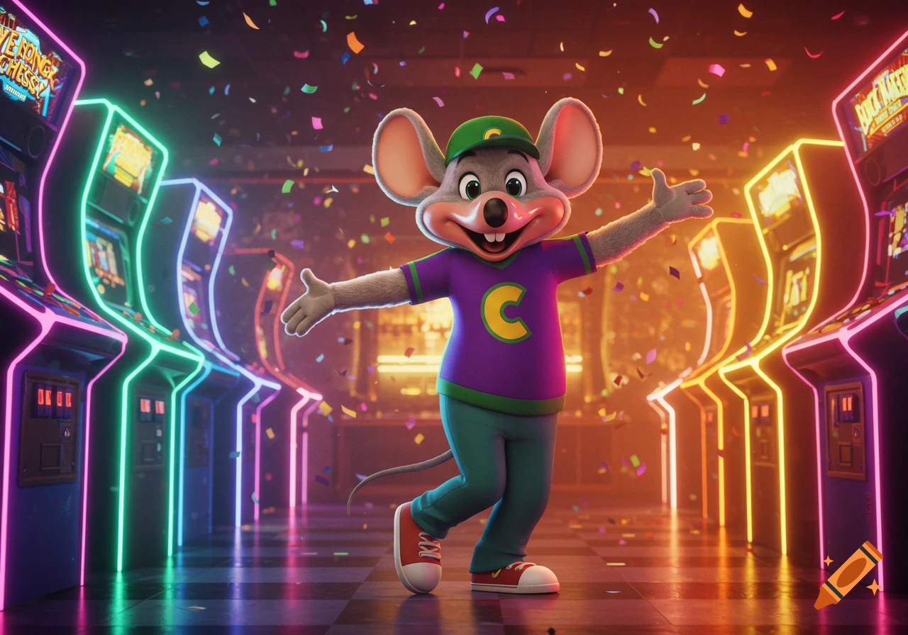 Chuck E. Cheese, a mouse character in a purple shirt and green hat, dances happily in a brightly lit arcade with confetti falling.