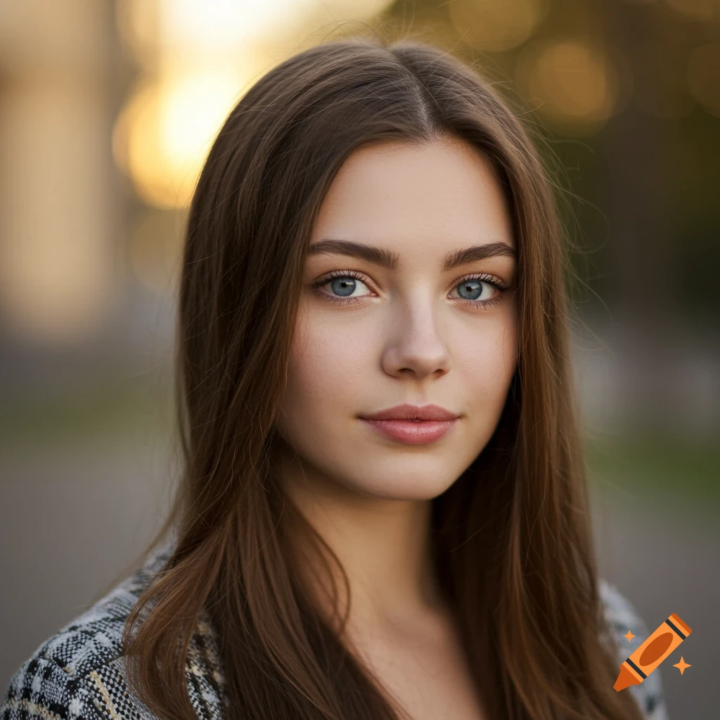 A photorealistic portrait of a young woman with long brown hair and blue eyes, wearing a patterned jacket, against a blurred outdoor background.
