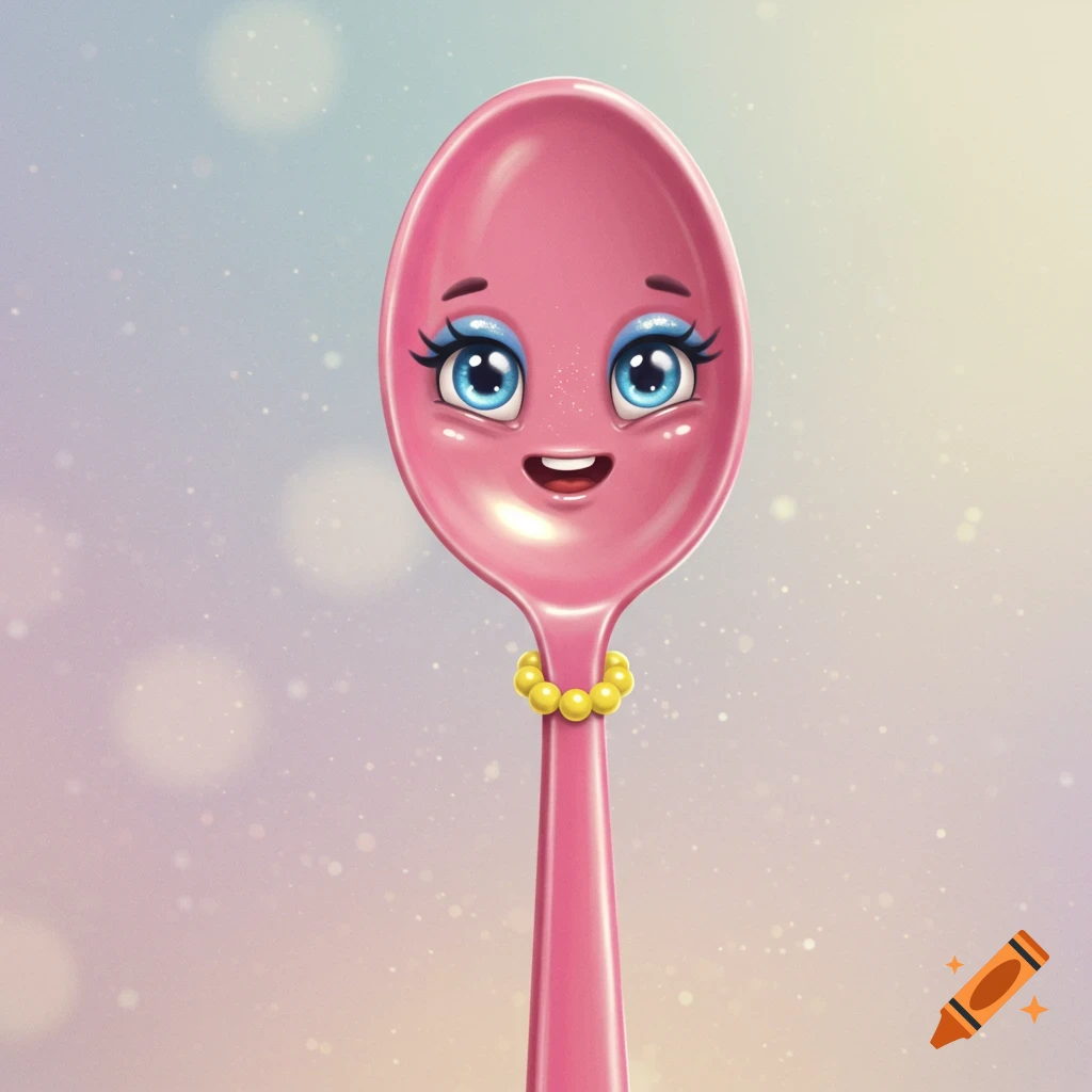 A cute pink cartoon spoon with blue eyeshadow, purple eyes, an open smile, and a yellow pearl necklace.