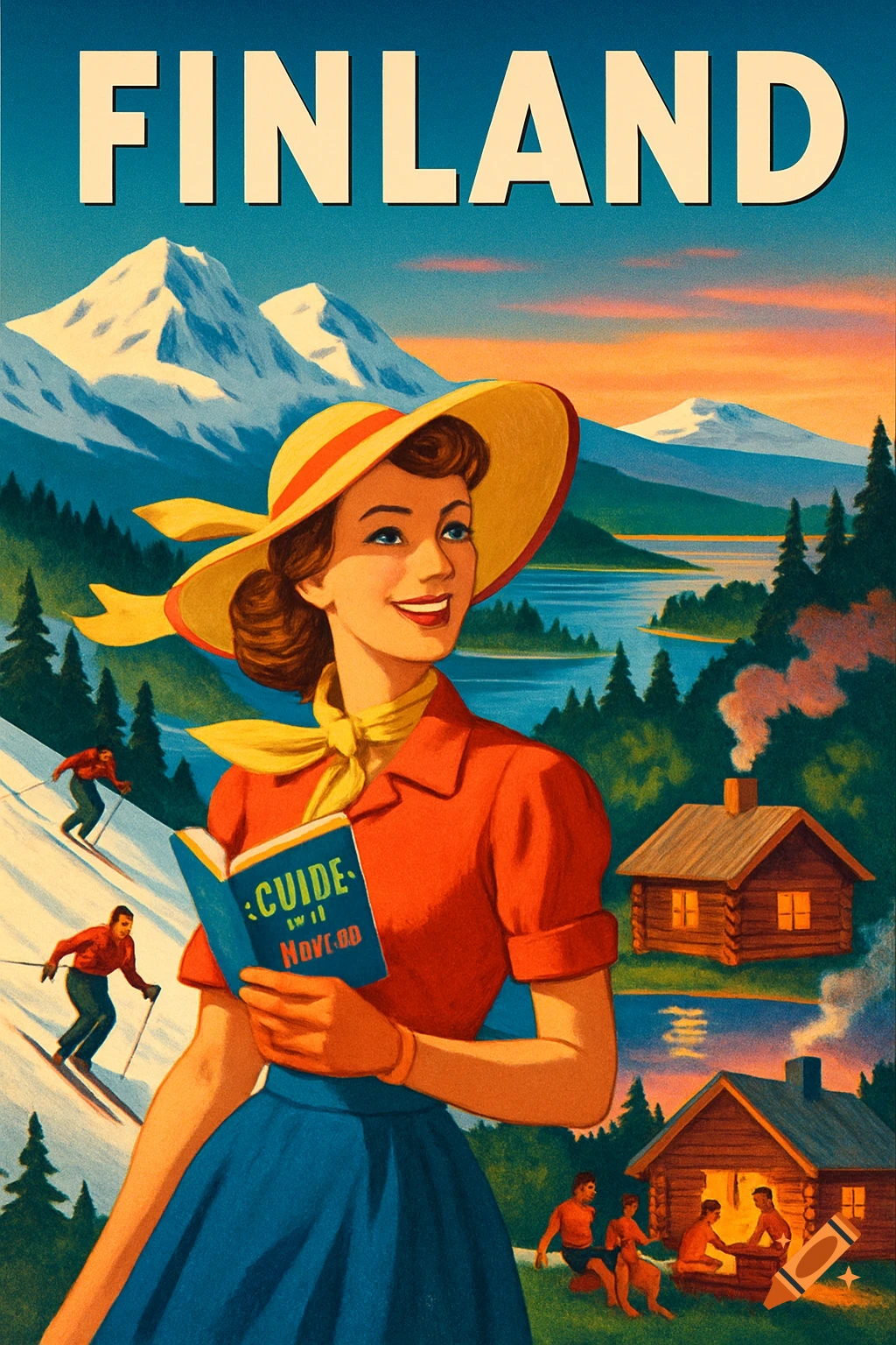 A vintage travel poster for Finland. A smiling woman in a yellow hat and red shirt holds a book, with skiers, mountains, lakes, and cabins in the background, depicting various activities.