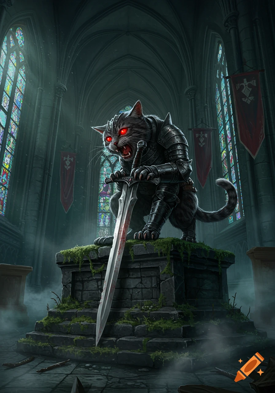 A fierce armored cat with glowing red eyes, clutching a bloody sword while perched on a mossy stone altar in a dark gothic church.
