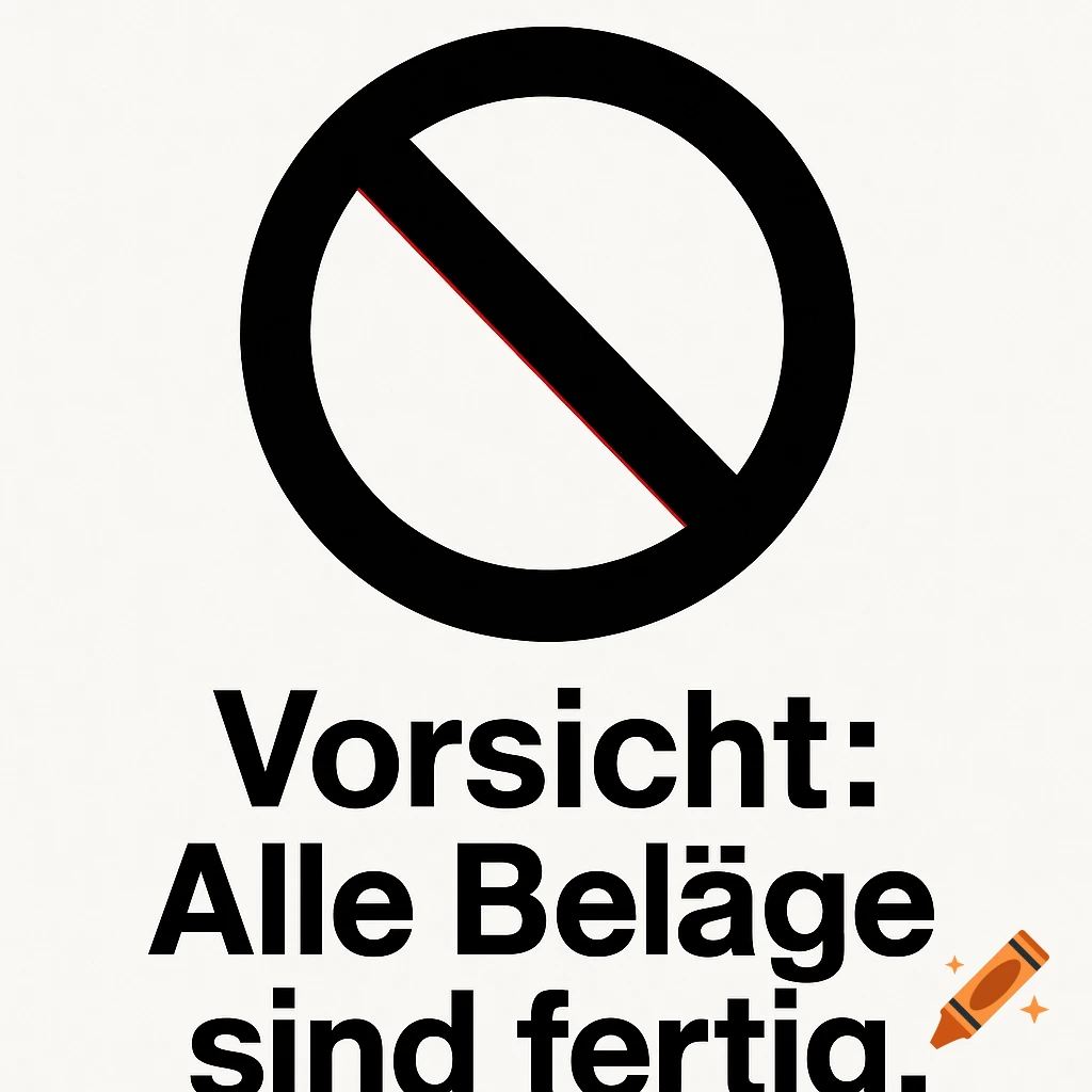 A black prohibition symbol with a red line through it, above the German text 'Vorsicht: Alle Beläge sind fertig.' on a white background.
