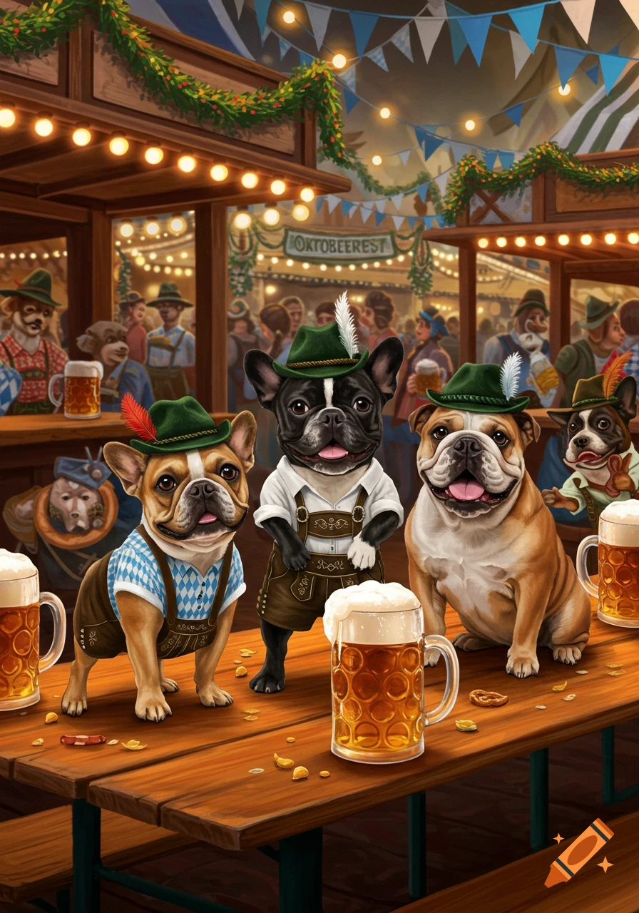 Four cartoon bulldogs in lederhosen with steins of beer at a festive Oktoberfest celebration.