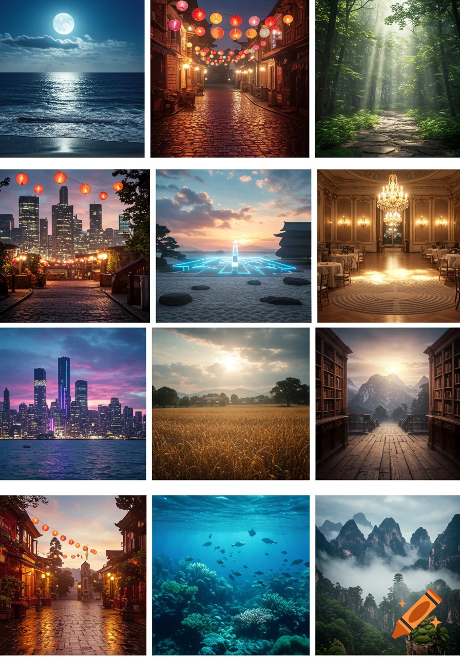 A grid of 12 distinct photorealistic images, showing diverse scenes including a full moon over the ocean, a forest, a street with lanterns, city skylines, a futuristic landscape, an elegant ballroom, a wheat field, a mountain range, an underwater coral reef, and misty mountains.