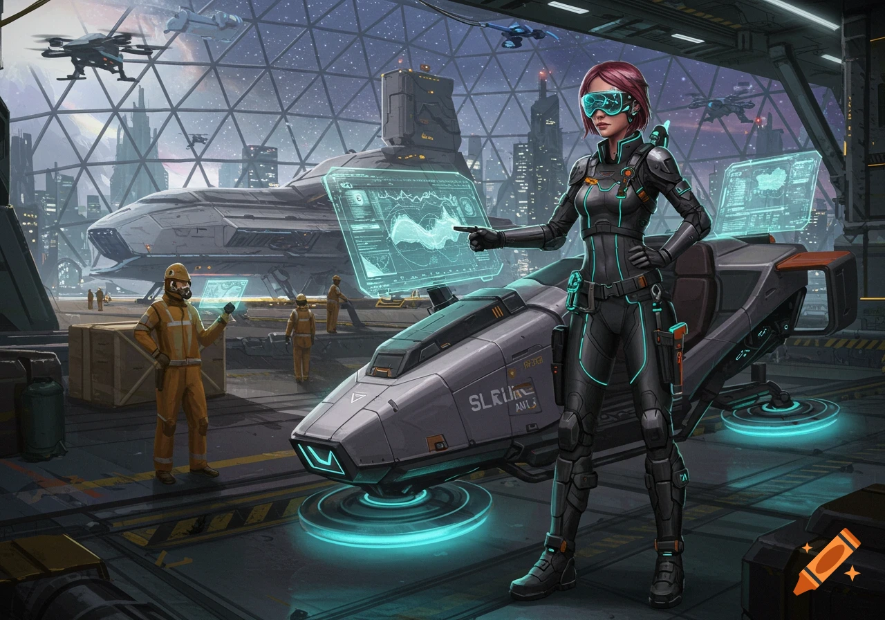 A futuristic hangar with a female character in a black and teal suit pointing at a holographic display, next to a hovercraft. Other workers and drones are in the background.