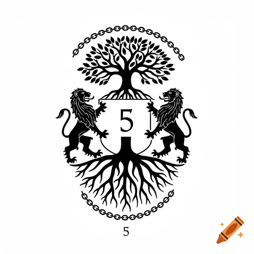 Black and white coat of arms featuring two lions, a tree with deep roots, chains, and the number 5.