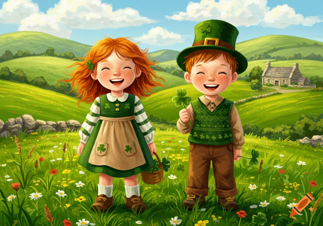 Two smiling, red-haired children in green Irish-themed clothes hold shamrocks in a lush, green, hilly field with a cottage. Illustrated style.