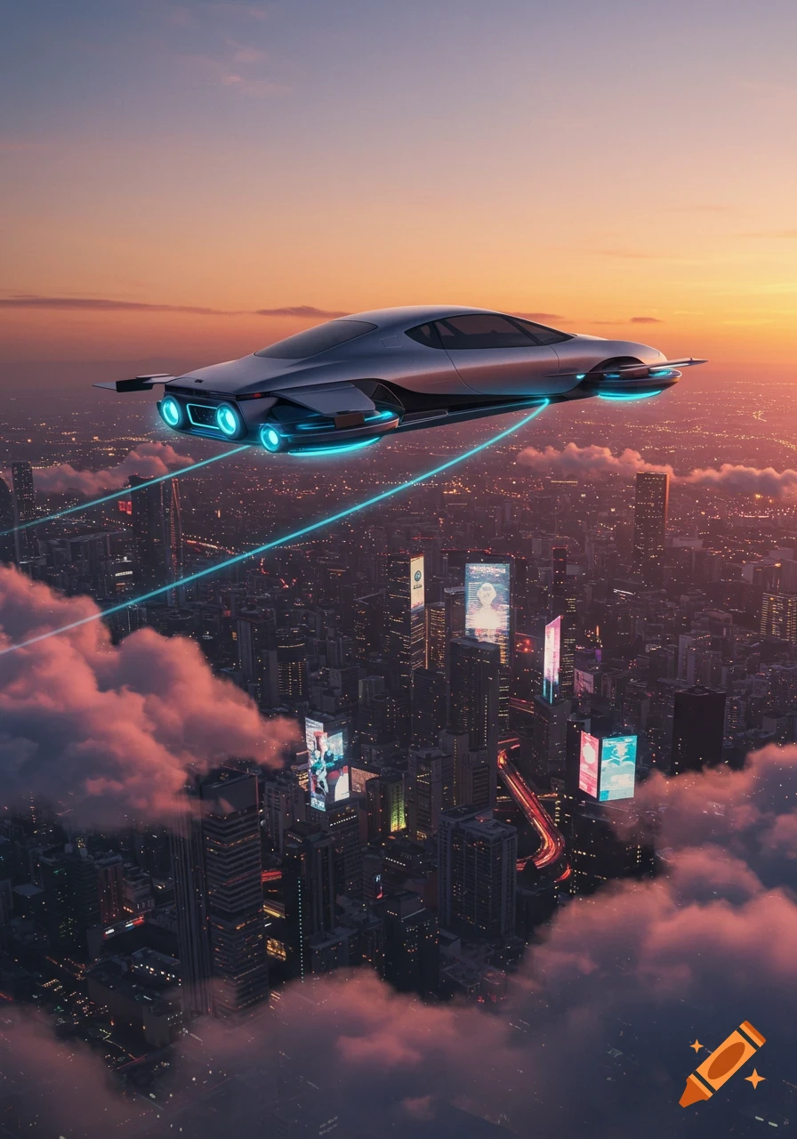 A futuristic silver flying car with neon blue lights soars above a sprawling city at sunset, surrounded by clouds and glowing buildings.