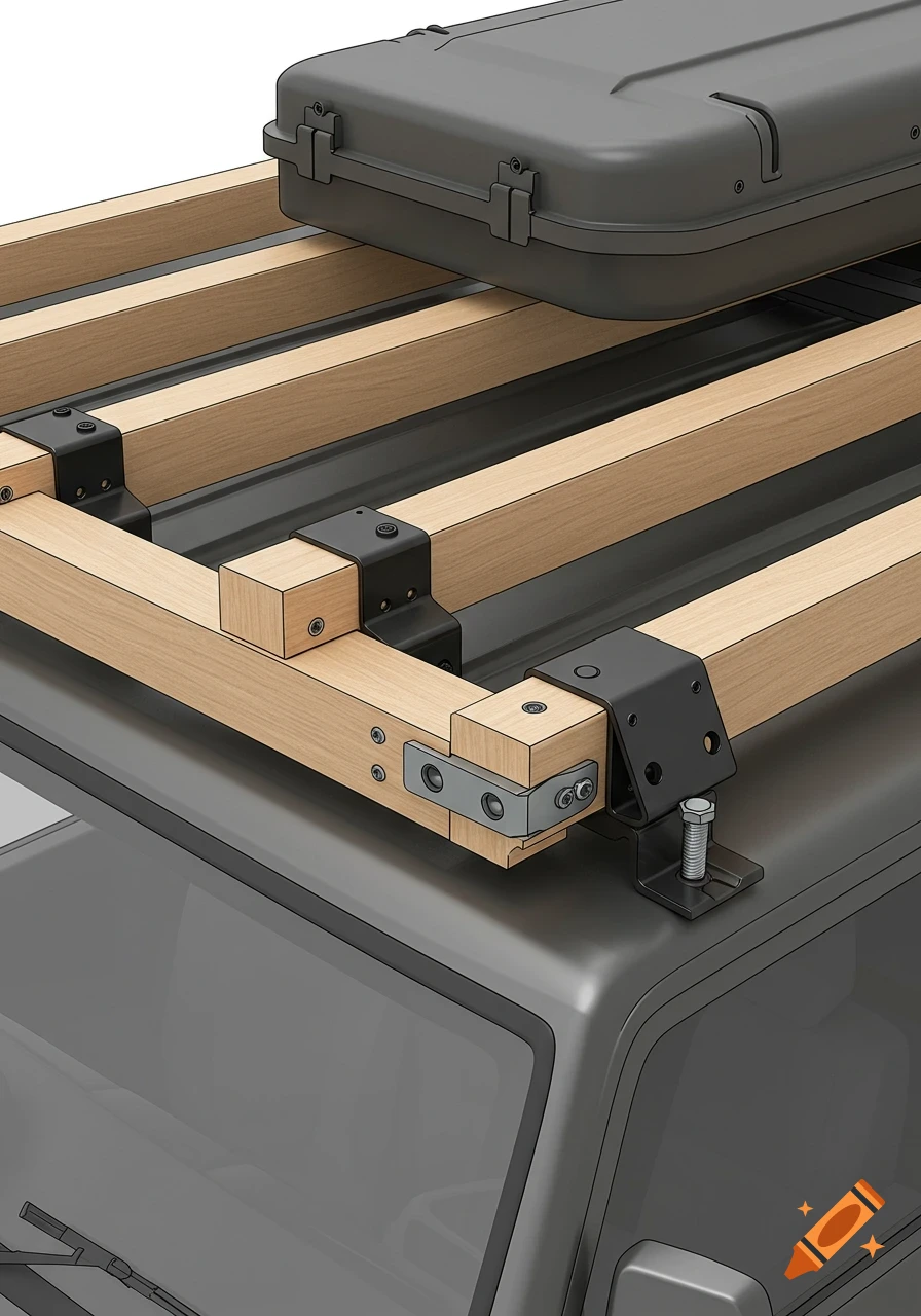 Detailed view of wooden roof rails with black metal brackets and a gray storage box on top of a vehicle.
