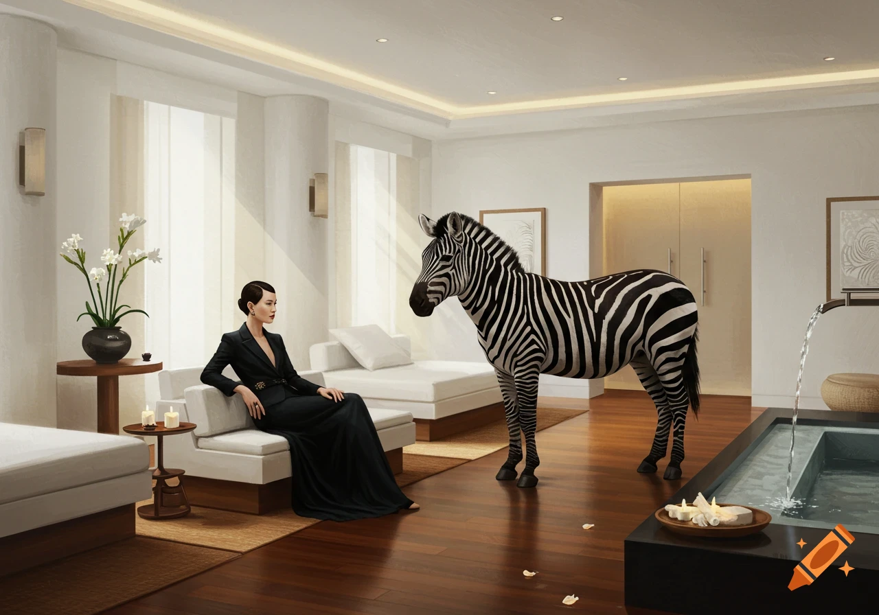 Stylish woman in a black gown sits on a modern sofa, looking at a zebra standing in a luxurious, minimalist room with a water feature.