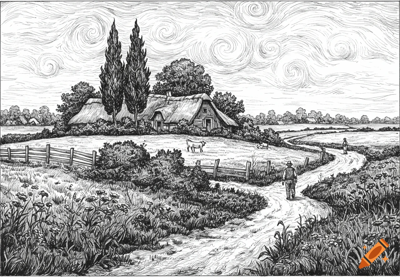 Black and white ink drawing, Van Gogh style: rural landscape with thatched houses, trees, fields, winding path, people, animals.