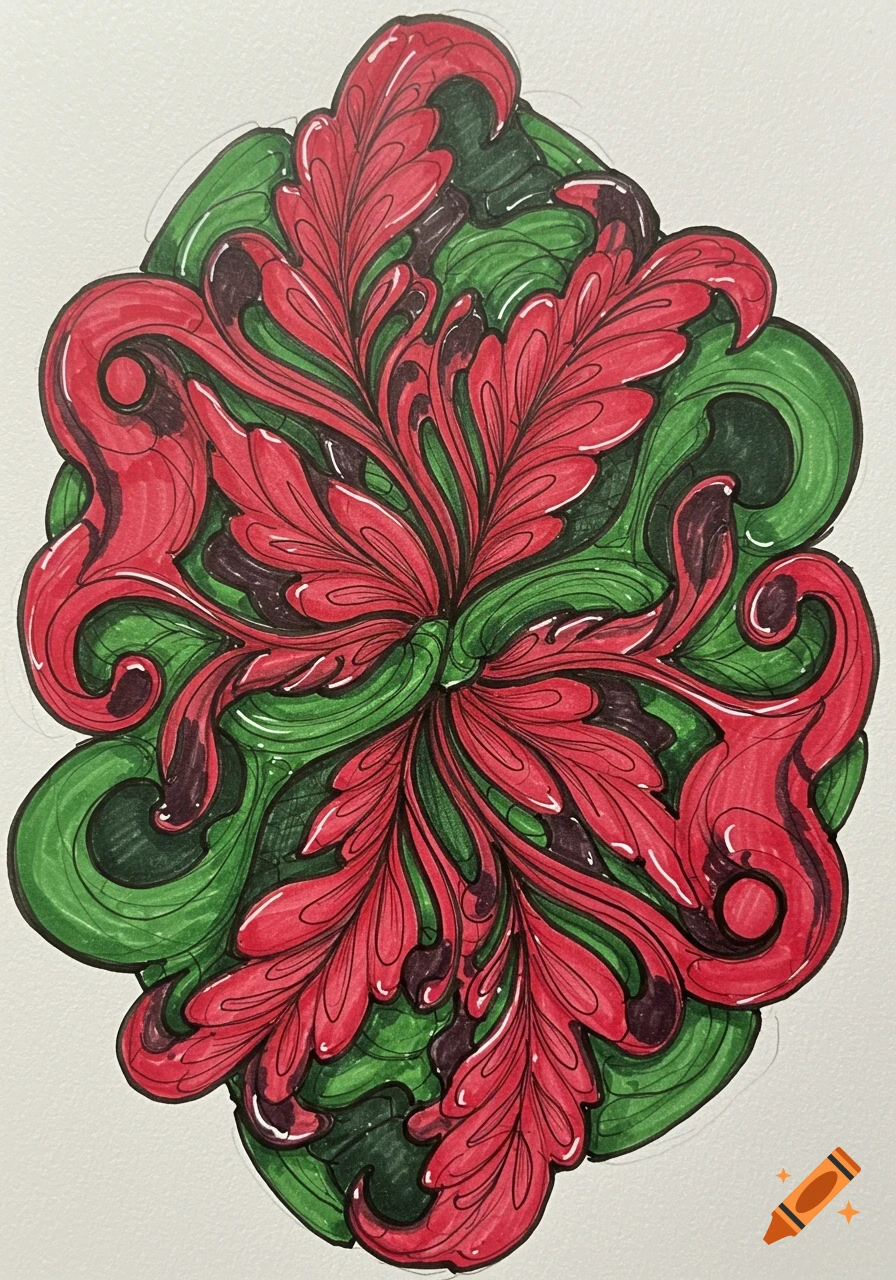 A complex, symmetrical sketch featuring swirling red and green foliage and abstract patterns against a white background.