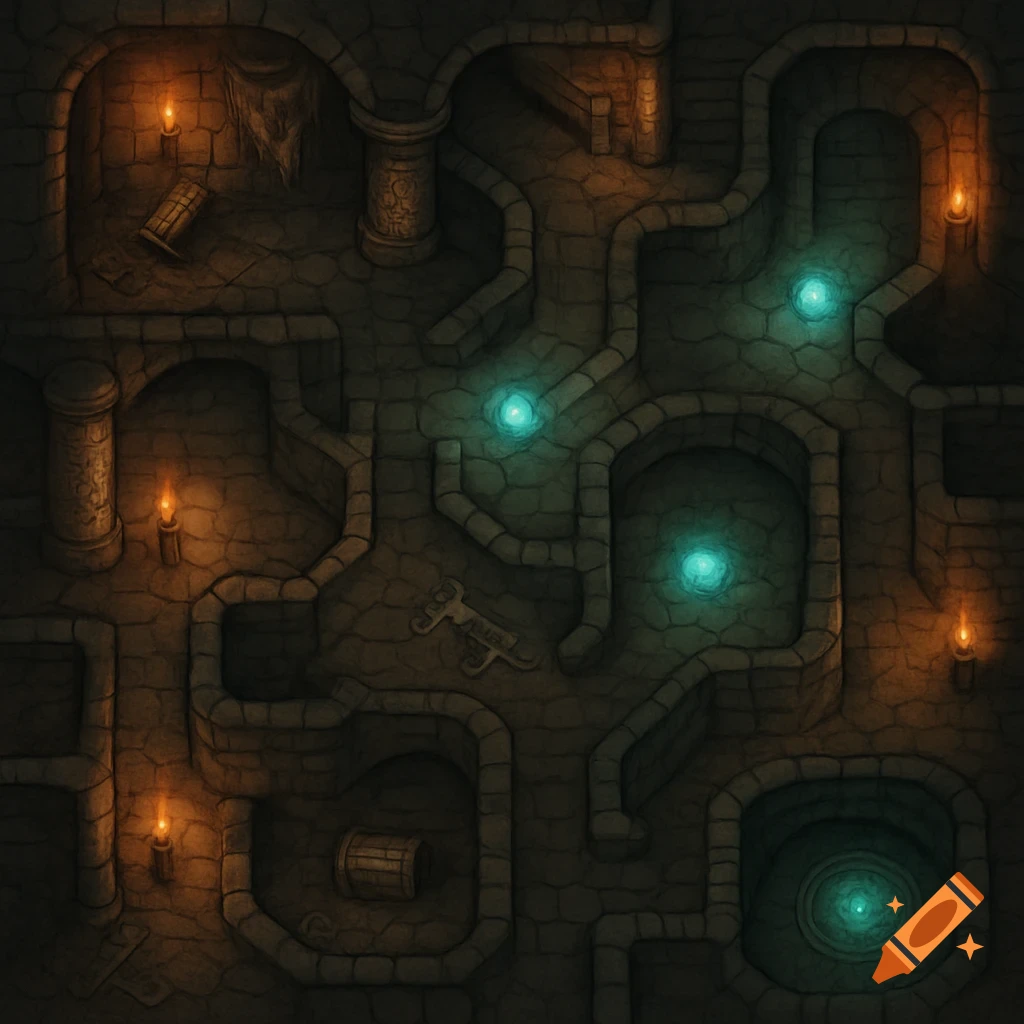 Overhead view of a dark stone dungeon labyrinth with glowing blue magical orbs and flickering candles.