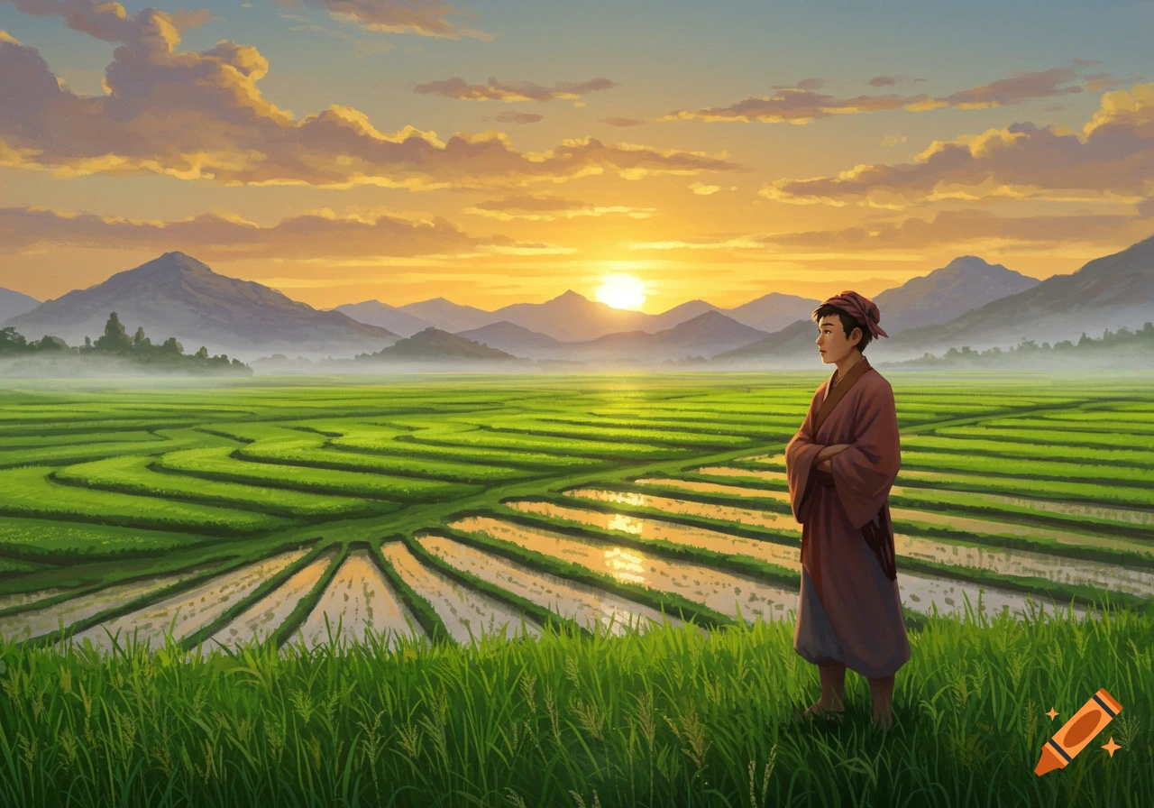 A young person in traditional attire stands in lush green rice fields with mountains under a vibrant sunset.