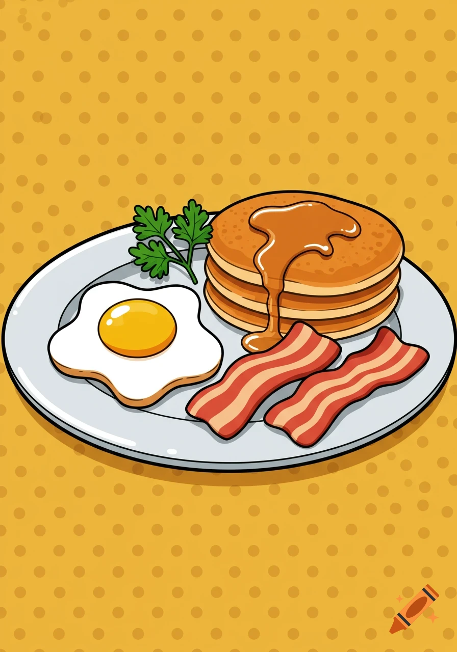 Cartoon plate of breakfast food with pancakes, syrup, a fried egg, and bacon on a yellow polka dot background.