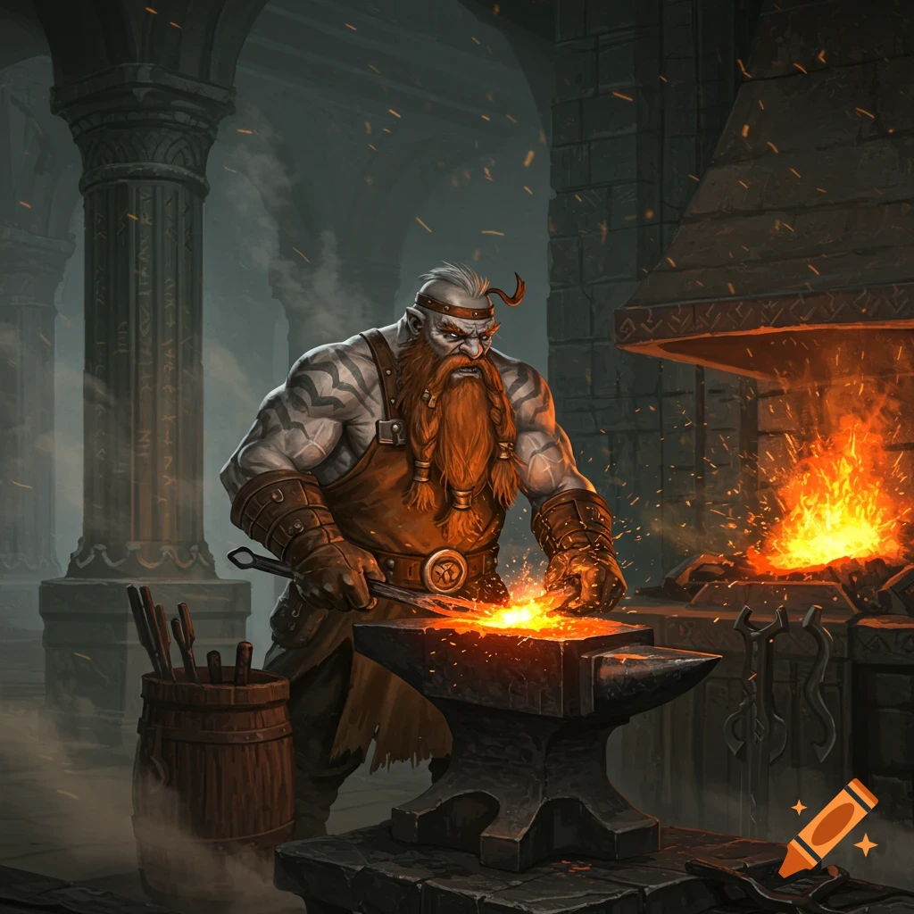 A muscular, heavily tattooed dwarf blacksmith with a red beard works at a glowing forge in a dark, stony workshop.
