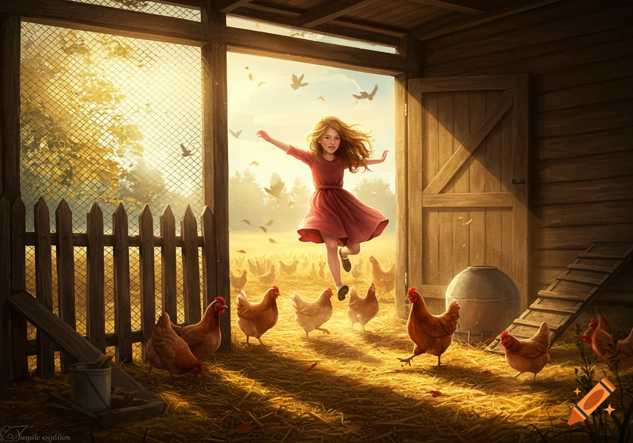 Vibrant illustration of a young girl joyfully running out of a rustic chicken coop into a sunny farmyard filled with chickens.
